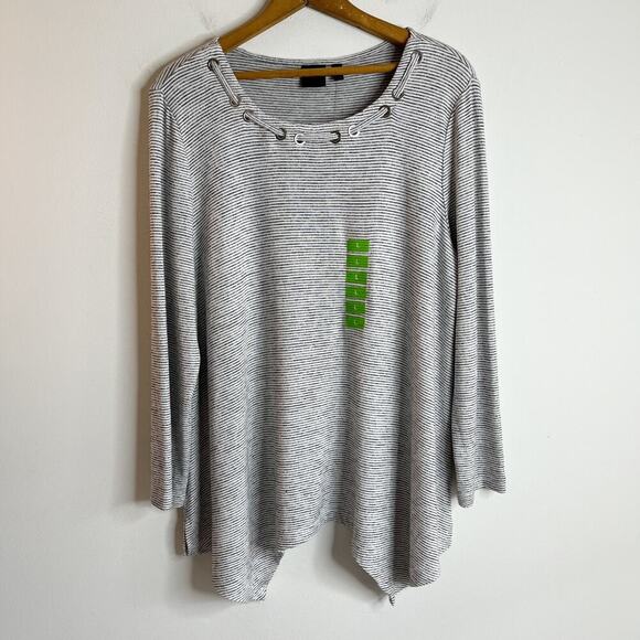 Rafaella Women's Tunic Sweater Sz L Striped Gray & White Asymmetric Grommet Neck - Picture 2 of 9